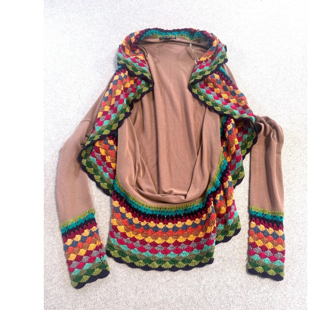 Double Zero Crochet Cardigan Womens S Brown‎ Multicolor Boho Open Front Shrug